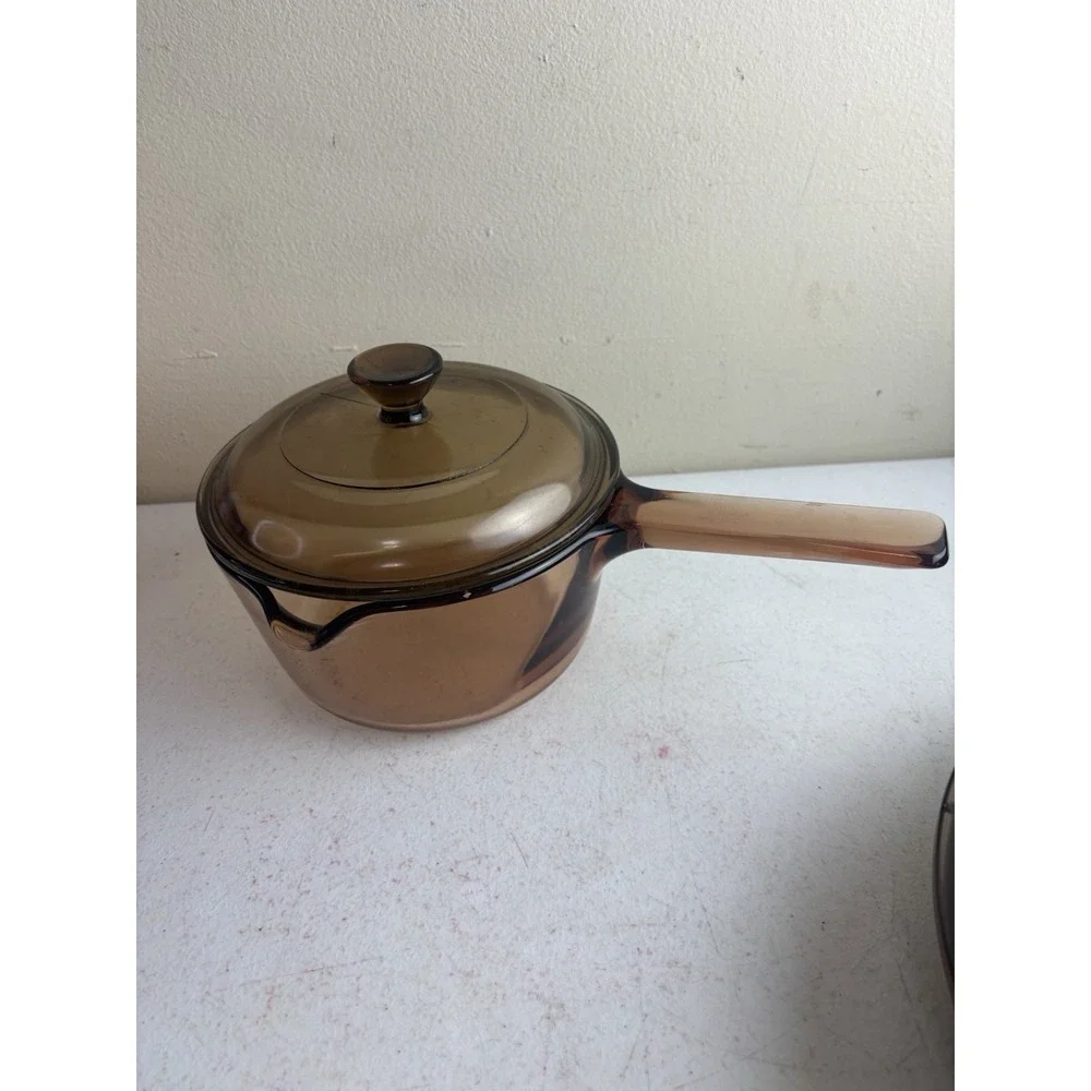 Vintage Corning Vision Ware 1L Amber Glass Pot Sauce Pan With Lid Made In USA